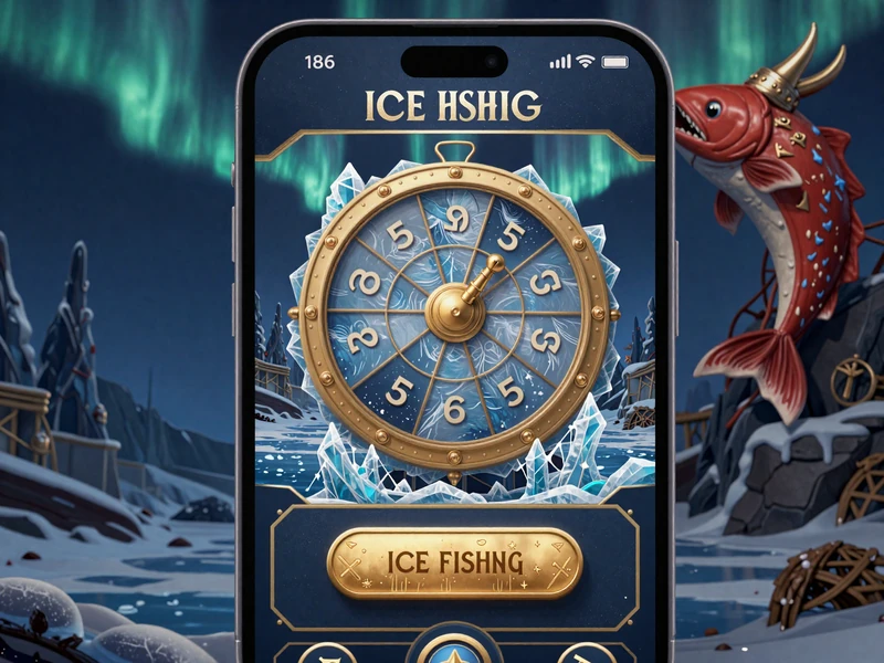 Ice Fishing Casino Mobile App Mockup mit 53-Segment-Rad und sticky Register-Button