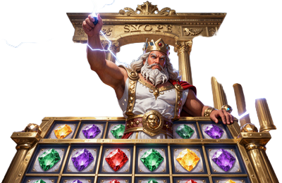 Gates of Olympus Slot Thumbnail - Zeus mit Blitzen vor goldenem Olymp-Tor