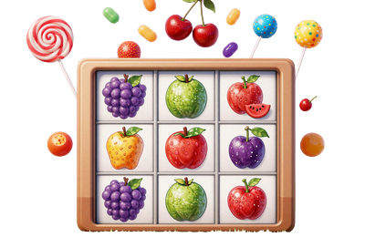 Sweet Bonanza Slot Thumbnail - bunte Bonbons und Fr&uuml;chte auf rosa Himmel