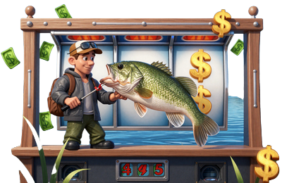 Big Bass Bonanza Slot Thumbnail - Cartoon-Angler mit gro&szlig;em Fisch am See