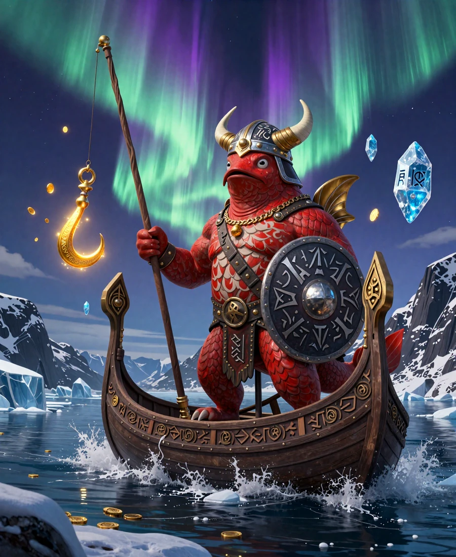 Huge Red Wikinger-Fisch Maskottchen auf Drakkar-Langschiff unter Nordlichtern - Ice Fishing Casino Held-Szene